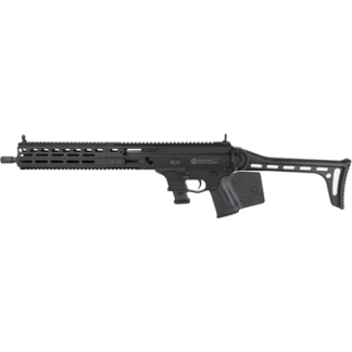 Black semi-automatic rifle with an adjustable stock, Picatinny fore-end rail, and pistol grip.
