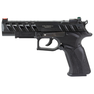 Semi-automatic handgun with a textured black grip and accessory rail, shown in profile from the left side.