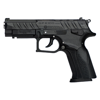 Black semi-automatic handgun with textured grip and GP K100 marking, shown from the left side.