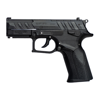 Semi-automatic pistol with a black polymer grip and serrated slide, shown in profile.