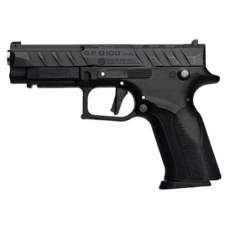 Black semi-automatic pistol shown from the side, featuring a textured grip and under-barrel rail.