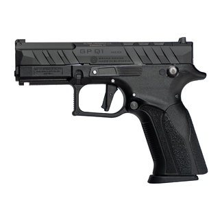 Side view of a black semi-automatic pistol with a textured grip and SP-01 markings.