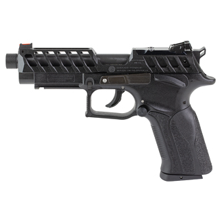 Side view of a black semi-automatic pistol with a ventilated top rail and textured grip, shown from the left.