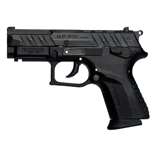 Side view of a black semi-automatic pistol with a textured grip and visible trigger guard.
