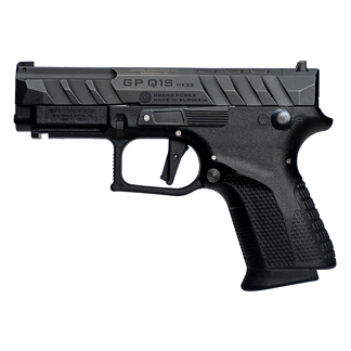 Black semi-automatic pistol with a textured grip, left-side view, compact tactical handgun