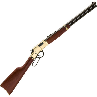Lever-action rifle with a wooden stock and brass receiver, angled diagonally on a white background.