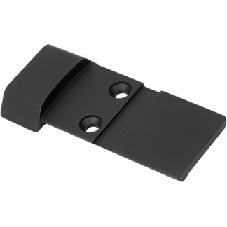 Black plastic strap buckle plate with a curved latch and two mounting holes for screws/fasteners, used to secure a strap.