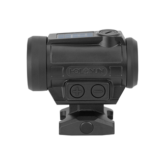 Black Holosun red-dot sight with side buttons, mounted on a rail with a compact, low-profile profile.