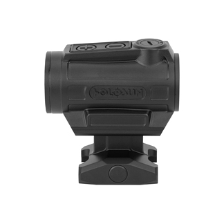 Holosun red dot sight mounted on a small rail base, shown from a front-facing side angle.
