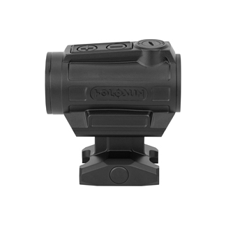 Black compact reflex red dot sight mounted on a rail, viewed from the front.