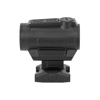 Black compact red dot sight mounted on a rail adapter/attachment cap, profile view.