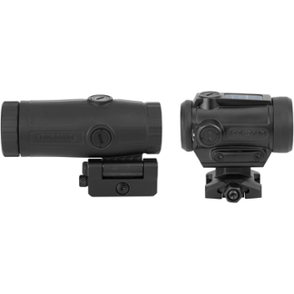 Two angles of a compact black red-dot sight with an adjustment knob and a mounting rail clamp.