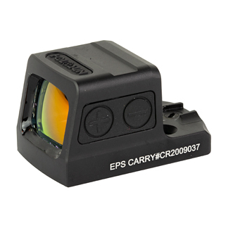 Compact black red-dot holographic sight with two side adjustment buttons and an orange-tinted lens on a rail mount (EPS CARRY #CR2009037)