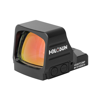 Holosun compact red dot sight with orange-tinted lens, side view showing the logo.