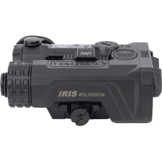 Compact tactical sight device for firearms with adjustment dials and mounting rail, labeled IRIS