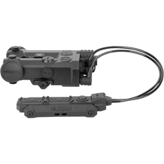 Rail-mounted tactical flashlight with a remote pressure switch and coiled cord linking to the switch unit.