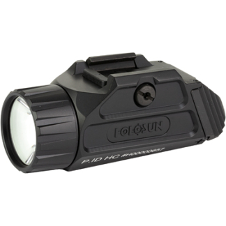 Compact black tactical flashlight with a large front lens, textured grip, and top mounting rail on a white background.