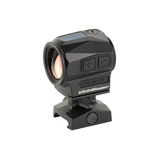 Compact reflex red-dot sight mounted on a small rail base, with two side adjustment buttons for aiming on a firearm