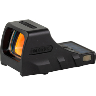 Black holographic rifle sight with an illuminated optic and a side panel for power, used as a firearm accessory.
