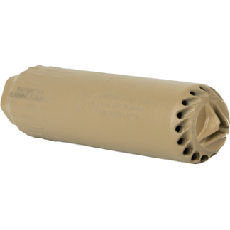 Beige cylindrical filter cartridge with a perforated edge and end cap, laid horizontally.