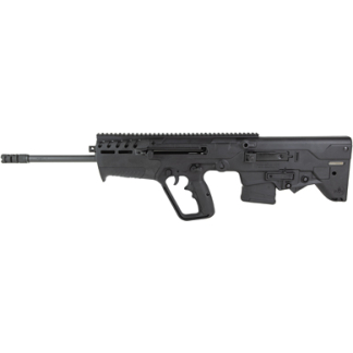 Side view of a black assault rifle with a long barrel, top rail, foregrip, and folding stock.