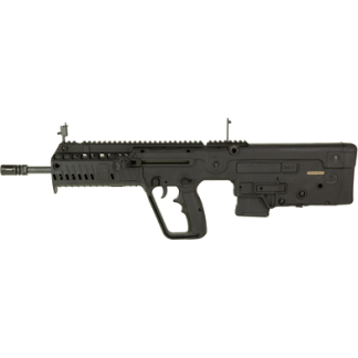 Side view of a black assault-style rifle with foregrip and rails on the top and handguard.