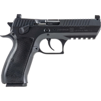 Side view of a black semi-automatic pistol with a textured grip and visible trigger guard.