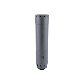 Cylindrical firearm suppressor (silencer) with vented end caps on a plain background