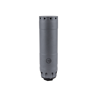 Gray cylindrical firearm suppressor with a threaded muzzle attachment, perforated end near top, shown against a white background.