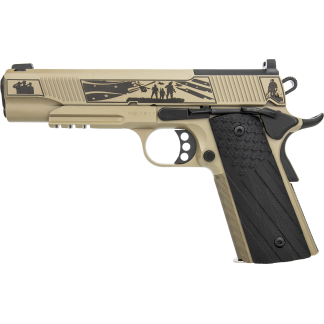 Desert-colored semi-automatic pistol with black textured grip and decorative slide panels