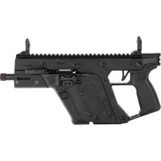 Black compact semi-automatic rifle with a long top rail, pistol grip, and a folding-style stock.