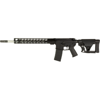 Black AR-style semi-automatic rifle with a quad-rail handguard and adjustable stock seen in profile
