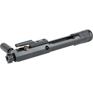 Long gray metal firearm component (bolt carrier group) with a rotating bolt visible on the left, shown from the side.