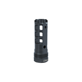 Black muzzle brake with rectangular vent holes and a threaded base for mounting on a rifle.