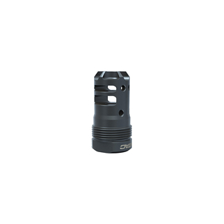 Black metal muzzle brake with vent holes and a grooved base.