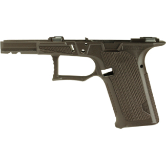 Disassembled semi-automatic pistol components: frame with textured grip and slide rail on top, on white background