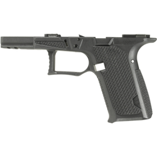 Left-side view of a semi-automatic pistol frame with textured grip and trigger guard.