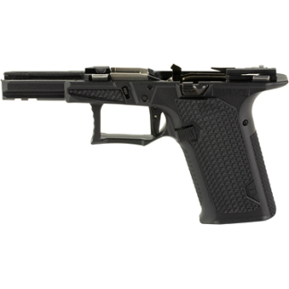 Side view of a black semi-automatic pistol with a textured grip and tactical rail on the frame.
