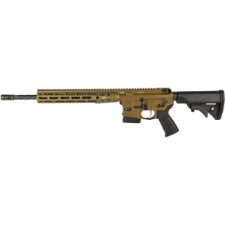 Tan AR-style rifle with an extended handguard, rail system, and adjustable stock