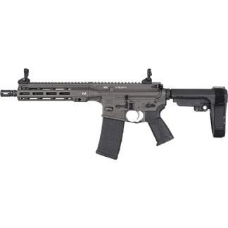 Black AR-style rifle with a quad-rail handguard, 30-round magazine, and adjustable stock.