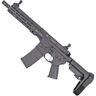 Modern black rifle with a rail handguard and attached foregrip, viewed diagonally from the front-left side.