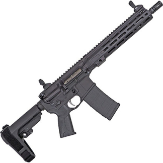 Black semi-automatic rifle with adjustable stock and long Picatinny rail along the handguard.
