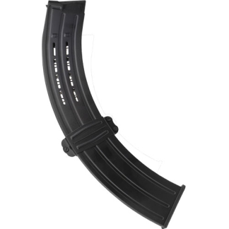 Black curved firearm magazine (detachable) with feed lips at the top and ridges along the body, used to hold ammunition