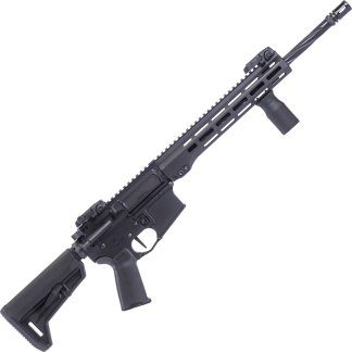 AR-style rifle with long rail handguard and foregrip shown at an angle against a white background (no context). Used to illustrate firearm design.