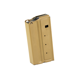 Tan metal rifle magazine with feed lips at the top, standing upright (detachable magazine for a semi-automatic rifle).
