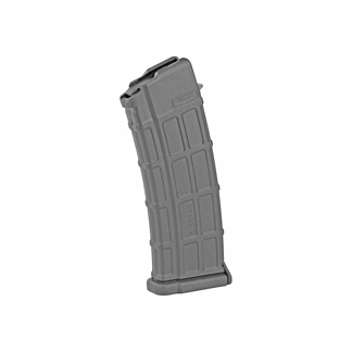Gray curved rifle magazine standing upright on a white background, polymer construction typical of modern firearms (30-round capacity).