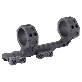 Black two-ring rifle scope mount with a long base and bottom rail for attaching a scope.