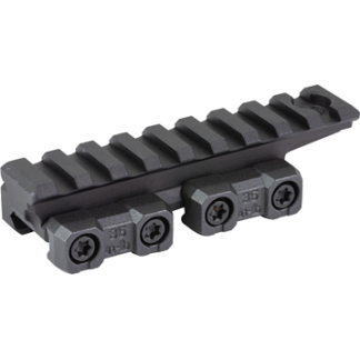 Picatinny rail with three short scope-mount blocks attached, used to mount optics on a firearm.