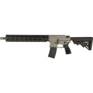 AR-style rifle with tan receiver, black stock and grip, long quad-rail handguard, and inserted magazine.