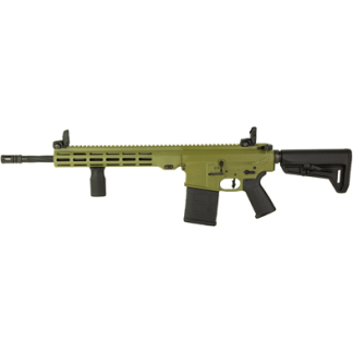 Profile view of an olive green AR-style rifle with a detachable magazine and collapsible stock, shown horizontally to the right